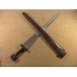 A SUBSTANTIAL ANGLO SAXON RE-ENACTMENT SWORD, LENGTH OF BLADE 76CM, WITH SCABBARD