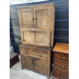 AN EARLY 20TH CENTURY OAK VENEERED KITCHEN CABINET WITH GALVANISED LINED BASE CUPBOARD, DROP-DOWN
