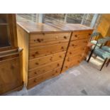 TWO MODERN PINE CHESTS OF FIVE DRAWERS, 32" WIDE, AND A SMALLER PINE CHEST, 17" WIDE