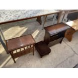 A RETRO TEAK TILED TOP MAGAZINE RACK/TABLE, SMALL CABRIOLE LEG STOOL AND MAHOGANY/INLAID MAGAZINE