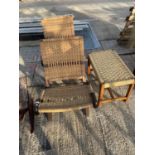 A PAIR OF MODERN DESIGN WICKER FOLDING CHAIRS AND SIMILAR STOOL