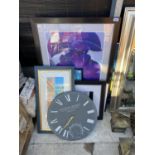 A QUANTITY OF FRAMED PRINTS AND PICTURES TO ALSO INCLUDE A LARGE BEVEL EDGED MIRROR
