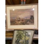 TWO PICTURES ONE BEING A WATER COLOUR IN THE MANNER OF DAVID COX (74CMS HIGH X 56CMS WIDE)