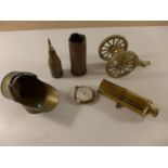 A TRENCH ART MINIATURE COAL BUCKET, SMITHS WATCH, GUN CARRIAGE ETC