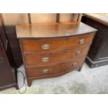 A GEORGE III MAHOGANY AND CROSSBANDED CHEST OF THREE GRADUATED DRAWERS, 40" WIDE