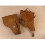 A LEATHER SHOULDER HOLSTER AND MAZINE POUCH AND A FURTHER LEATHER HOLSTER (3)