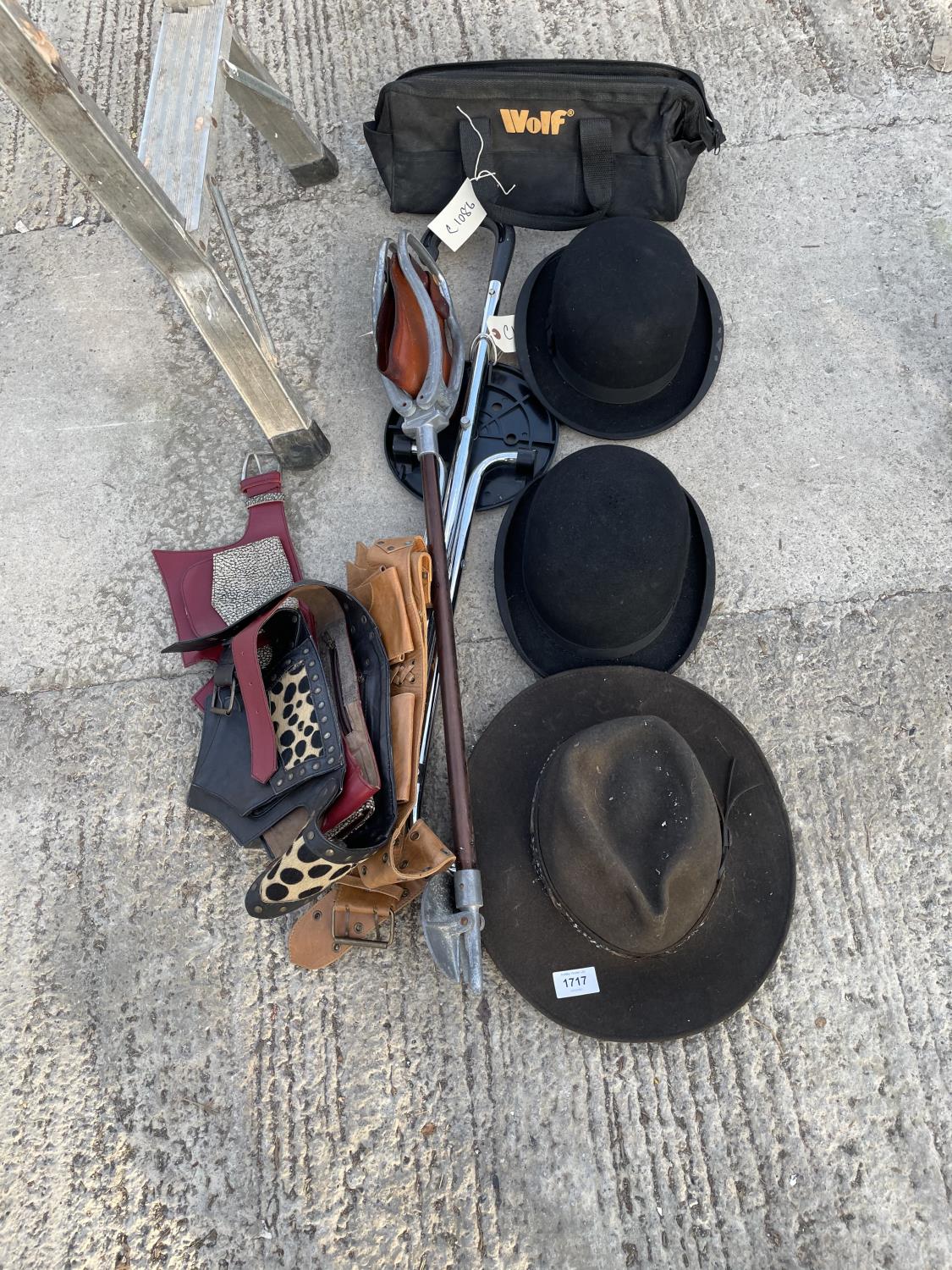 AN ASSORTMENT OF ITEMS TO INCLUDE BOWLER HATS, WALKING STICKS AND BAGS ETC