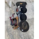 AN ASSORTMENT OF ITEMS TO INCLUDE BOWLER HATS, WALKING STICKS AND BAGS ETC