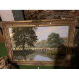 A LARGE GILT FRAMED OIL ON CANVAS SIGNED T LEIGHTON APPROXIMATELY 108X79CM