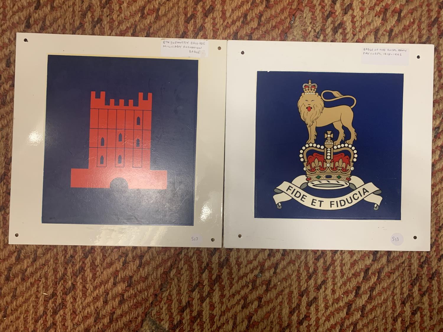 TWO ENAMEL SIGNS, 8TH INFANTRY BRIGADE AND ROYAL ARMY PAY CORPS, 30x30CM (2)