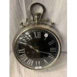 A LARGE WHITE METAL POCKET WATCH WALL CLOCK - 31CM DIAMETER