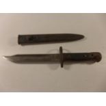 A CUT DOWN 1907 BAYONET, 18CM BOWIE SHAPED BLADE, WITH METAL SCABBARD (AF)