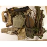 TWO MILITARY WATER BOTTLES, BELTS, POUCHES ETC