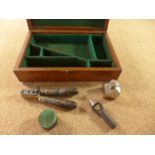AN OAK CASE FITTED OUT FOR A PISTOL, ALSO BULLET MOULD, OIL BOTTLE ETC