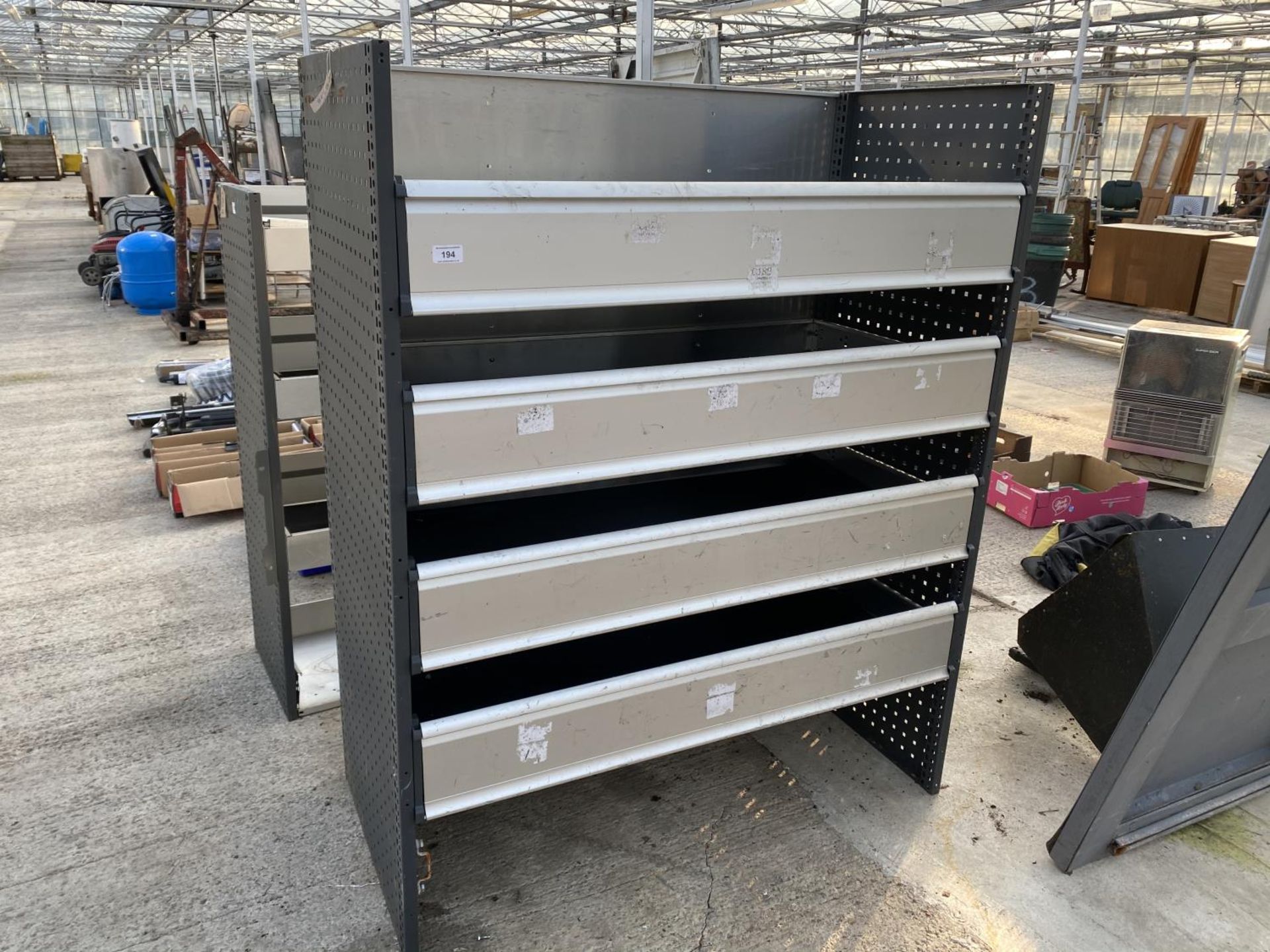 A QUANTITY OF SHELVES WITH DROP DOWN FRONTS - 5'3" HIGH 25" DEEP 4'3" WIDE - NO VAT