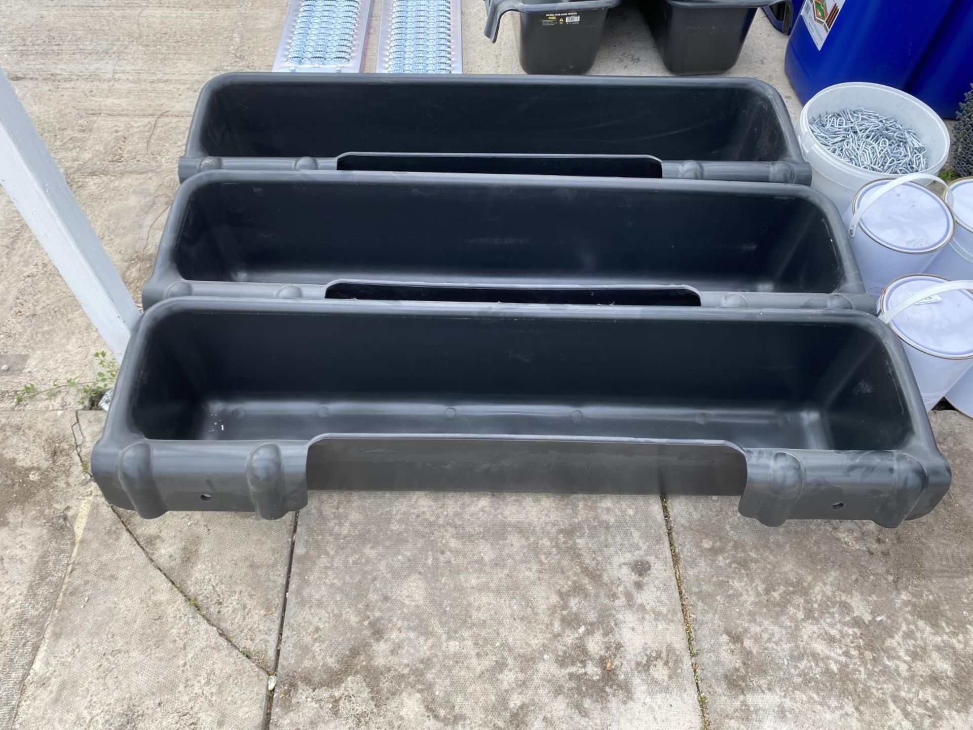 THREE 4' BLACK PLASTIC HANGING TROUGHS 4' LONG +VAT