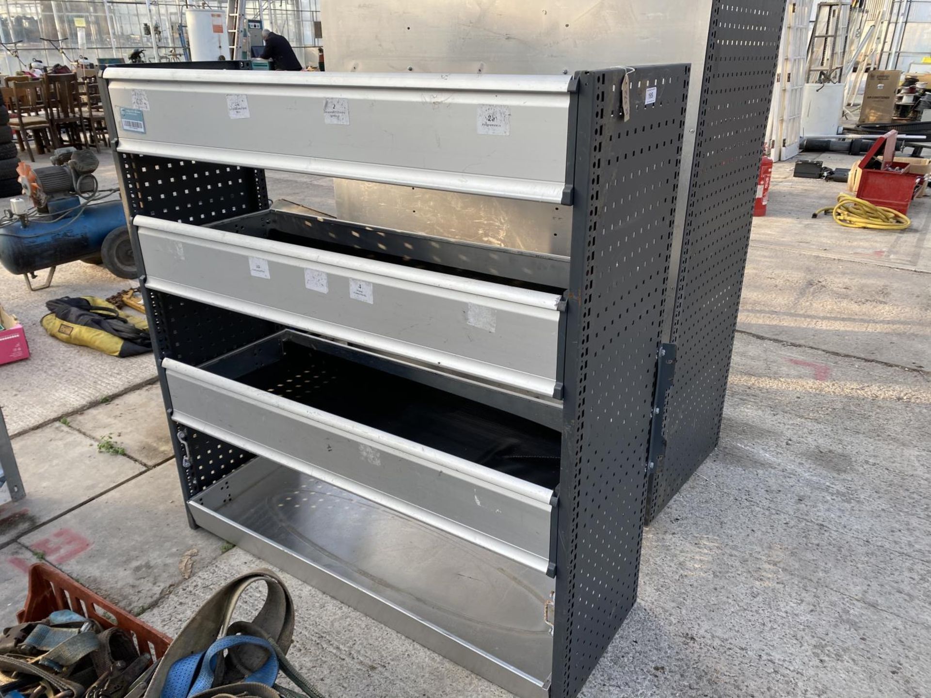 A QUANTITY OF SHELVES WITH DROP DOWN FRONTS - 53" HIGH 51" WIDE 18" DEEP - NO VAT