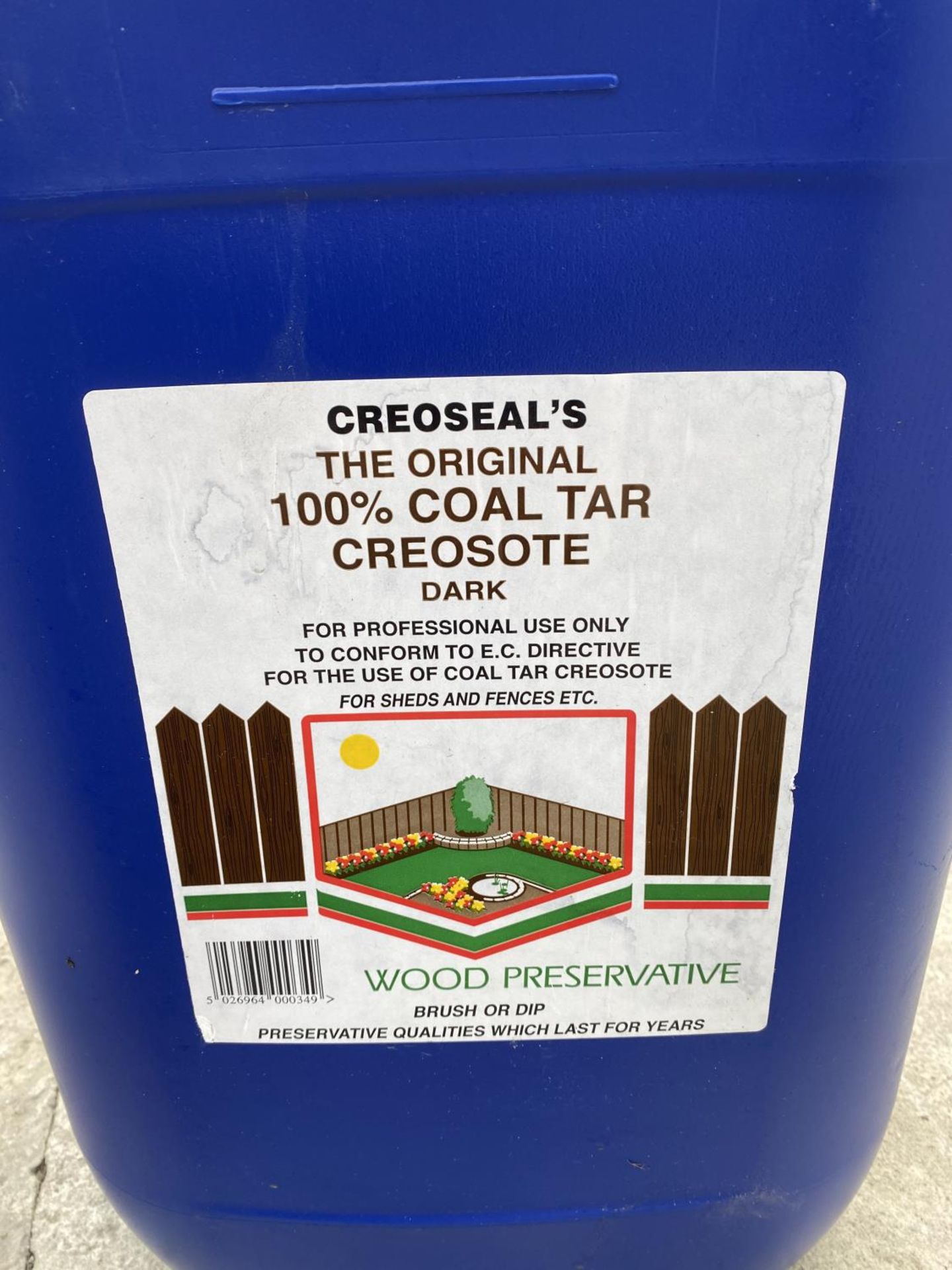 A 20 LITRE DRUM OF DARK CREOSOTE + VAT