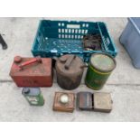 AN ASSORTMENT OF VINTAGE ITEMS TO INCLUDE A CASTROL OIL CAN, A FUEL CAN AND FURTHER HAND TOOLS ETC