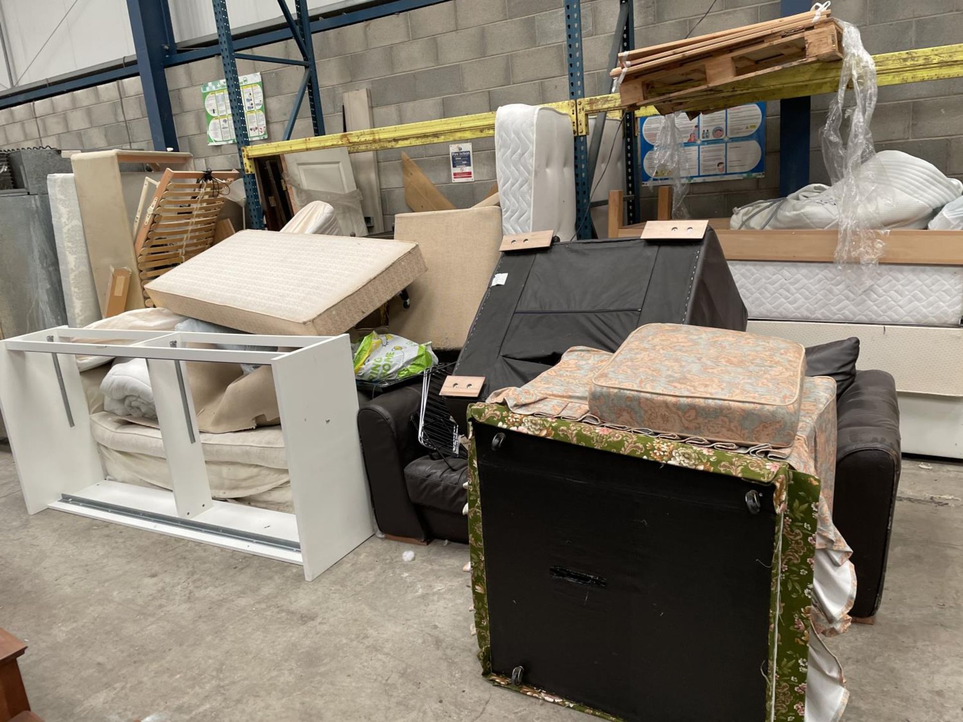 TWO BAYS OF ASSORTED ITEMS TO INCLUDE A QUANTITY OF INTERNAL DOORS, SOFAS AND BEDS ETC (DOES NOT