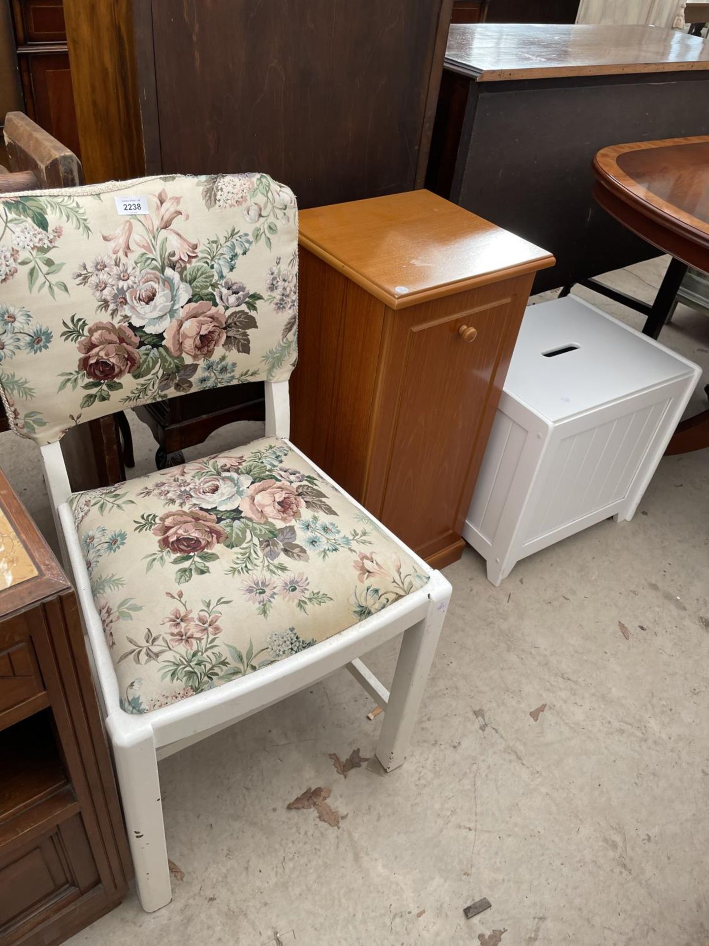 A SAKOL FURNITURE CD CABINET, PAINTED DINING CHAIR AND BATHROOM BOX STOOL