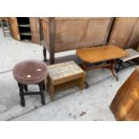 A MODERN STOOL ON TURNED LEGS, TILED TOP SMALL TABLE, AND TEAK COFFEE TABLE