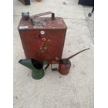 A VINTAGE HALFORDS OIL CAN, A VINTAGE FUEL CAN WITH CAP AND A FURTHER OIL CAN