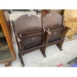 A PAIR OF BEECH THEATRE/CINEMA SEATS WITH FOLDING ACTION, HAVING CURVED BENTWOOD BACKS, NUMBERS 21