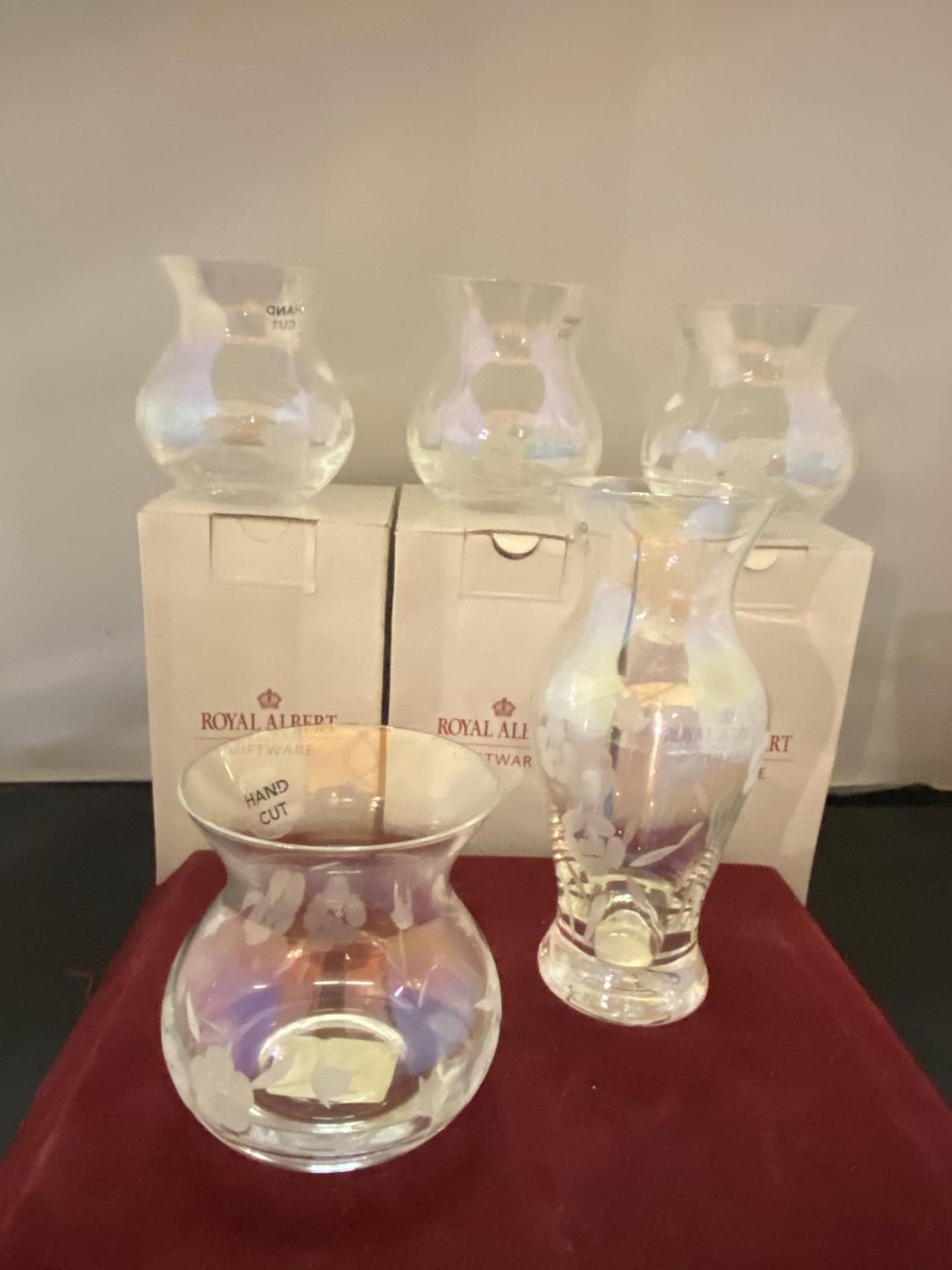 FIVE VARIOUS ROYAL ALBERT GLASS VASES SOME WITH BOXES - Image 2 of 3