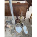 AN ASSORTMENT OF ITEMS TO INCLUDE A DRESSING TABLE MIRROR AND A CONVERTED OIL LAMP ETC