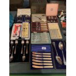 TEN BOXES OF VINTAGE FLAT WARE TO INCLUDE A PAIR OF FRUIT SERVERS, CAKE KNIVES ETC