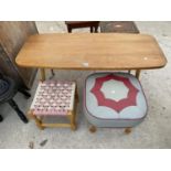 A 1950'S SHERBORNE STOOL, TEAK COFFEE TABLE AND SMALL STOOL ON TURNED LEGS