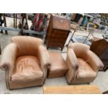 A PAIR OF MODERN LEATHER TUB TYPE CHAIRS AND A POUFFE