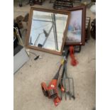 HOUSE CLEARANCE - A FLYMO GRASS STRIMMER AND A FURTHER FORK AND GARDEN SHEARS, A WOODEN FRAMED BEVEL