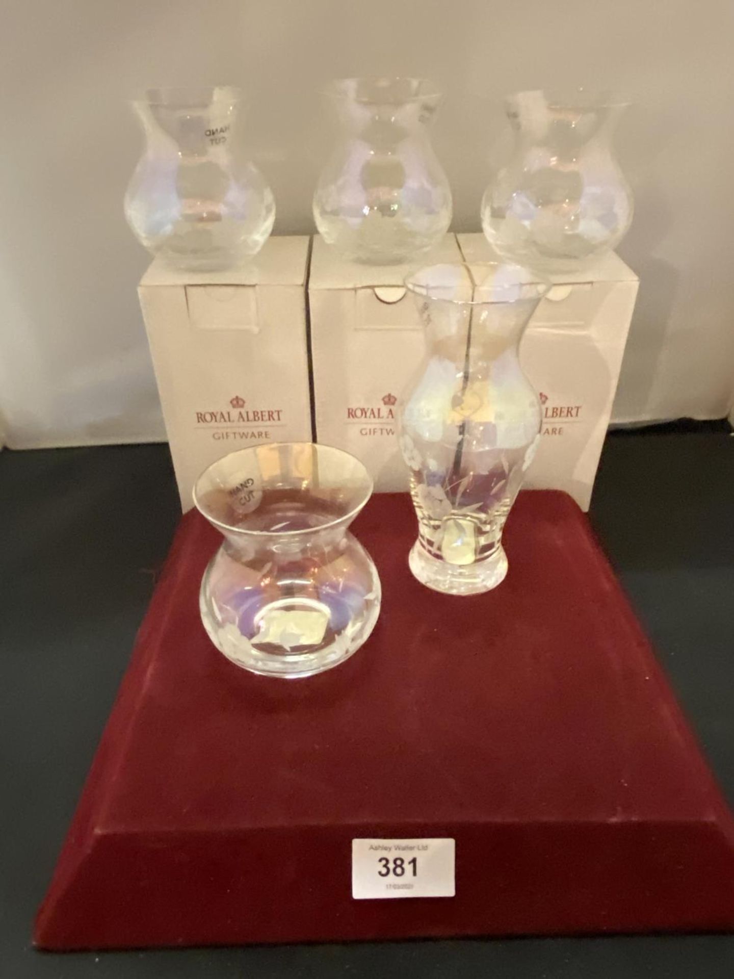 FIVE VARIOUS ROYAL ALBERT GLASS VASES SOME WITH BOXES