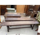 A PAIR OF 18TH CENTURY STYLE SINGLE TOP BENCHES ON TURNED LEGS AND STRAIGHT STRETCHERS, 71X10" EACH