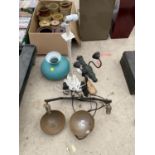 AN ASSORTMENT OF VINTAGE LIGHT FITTINGS AND SHADES ETC