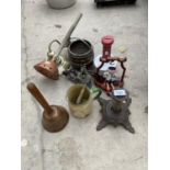 AN ASSORTMENT OF ITEMS TO INCLUDE COPPER PLUNGERS,VINTAGE BLOW TORCH ETC