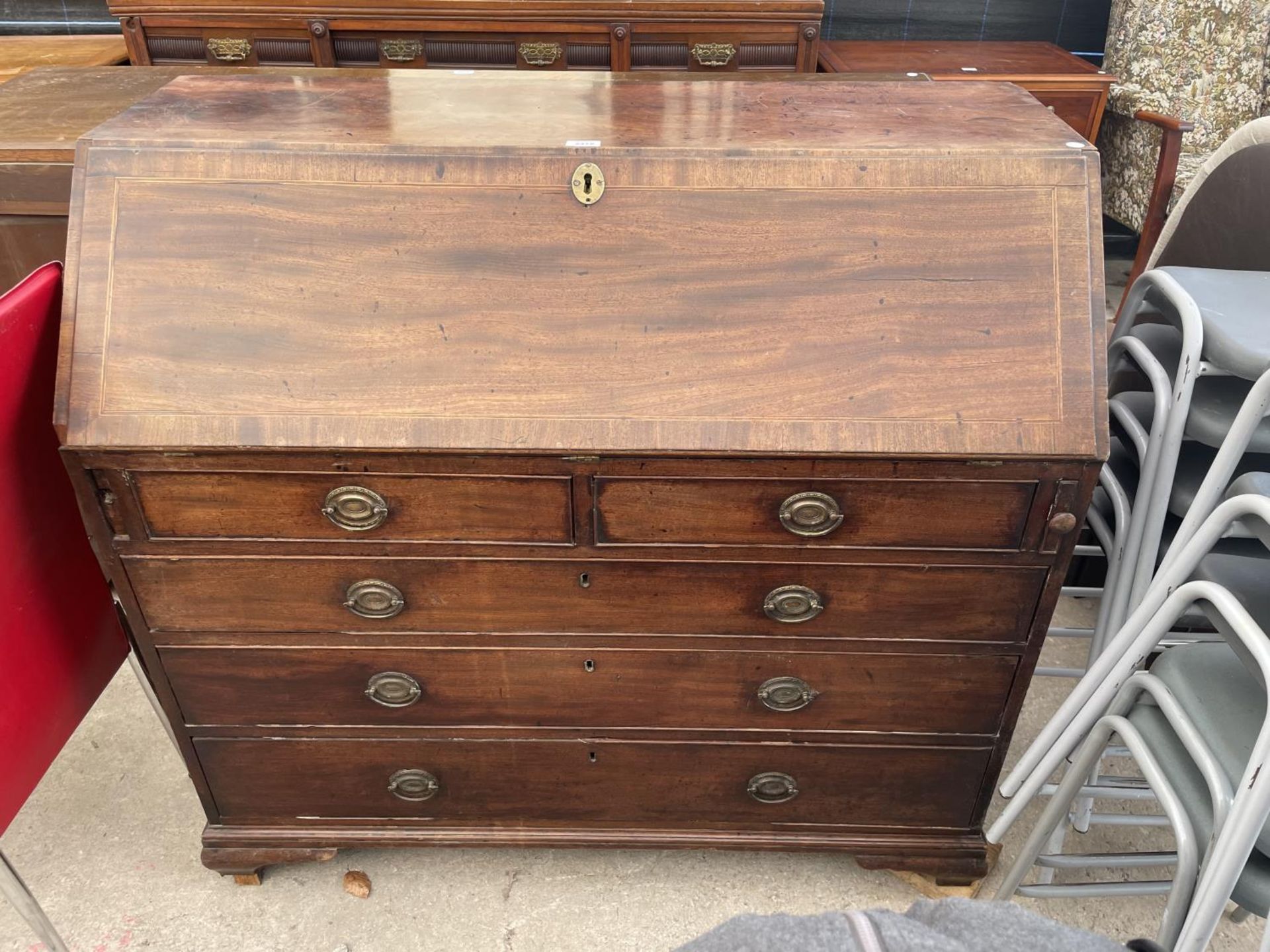A GEORGE III MAHOGANY FALL FRONT BUREAU WITH FITTED INTERIOR, 45" WIDE