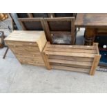 A THREE TIER PINE RACK AND A THREE DRAWER PINE CHEST