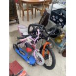 TWO CHILDRENS BIKES AND A CHILDS SCOOTER
