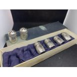 SIX SILVER MINI SHAKERS IN A PRESENTATION BOX