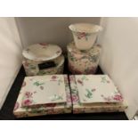 FOUR PIECES OF ROYAL DOULTON ROSE CLOUDS CHINA WITH PRESENTATION BOXES TO INCLUDE A BOWL, TWO SQUARE