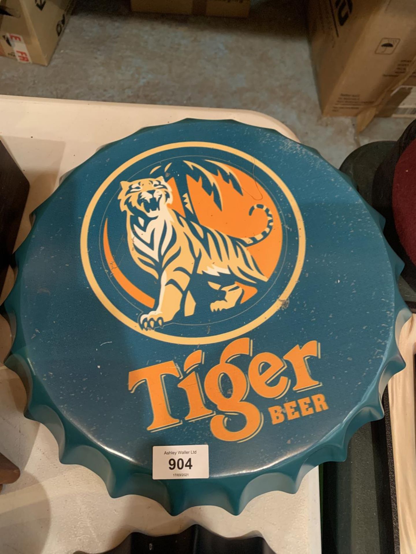 A RETRO STYLE WALL HANGING 'TIGER BEER' BOTTLE SIGN 35CM