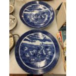 A PAIR OF JAPANESE HAND PAINTED BLUE AND WHITE MEIJI PERIOD HERON CRANE PLATES (38CM)