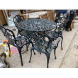 A METAL BISTRO SET WITH A TABLE AND FOUR CHAIRS