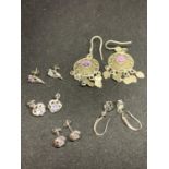 FIVE PAIRS OF SILVER EARRINGS TO INCLUDE DROP, FLOWER ETC WITH CLEAR STONES