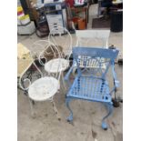 A PAIR OF TWO CAST IRON BISTRO CHAIRS AND TWO FURTHER METAL GARDEN CHAIRS