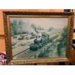 A VERY LARGE GILT FRAMED PRINT ON BOARD DEPICTING A GREAT WESTERN STEAM TRAIN STAMPED SWEDEN ON BACK