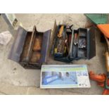 TWO VINTAGE METAL TOOL BOXES WITH CONTENTS AND A FOLDING BED RAIL